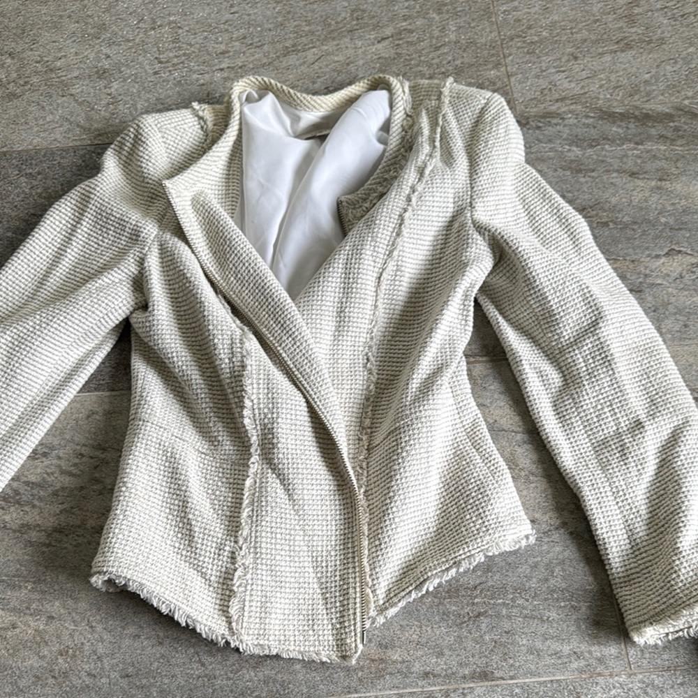 LOFT Cream Textured Blazer with Frayed Edges